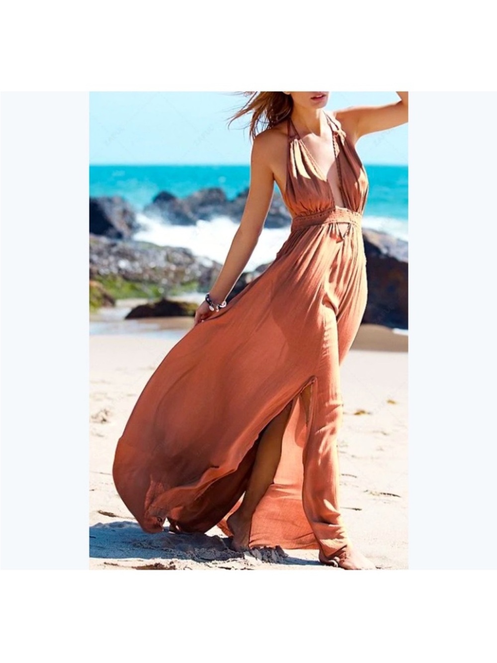 Free People RARE Rust Halter Maxi Dress with Side Slit - size L